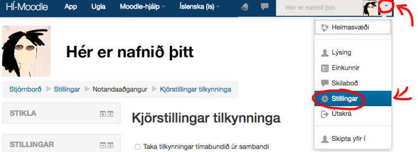 Skjámynd þar sem sést hvar í Moodle þarf að velja kjörstillingar tilkynninga í eigin stillingum í Moodle