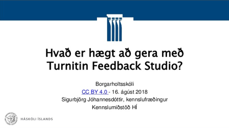 Mynd af fyrstu glærunni í powerpoint kynningu um hvað sé hægt að gera með Turnitin Feedback Studio